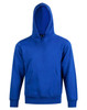A blue kids' hoodie with a front pocket and a drawstring hood, featuring a logo on the front.