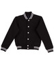 A black fleece varsity jacket featuring contrasting white stripes and buttons, with side pockets and a casual fit.