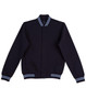 A black fleece varsity jacket with blue striped cuffs and collar, featuring front buttons and side pockets.