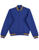A blue fleece varsity jacket featuring yellow and orange striped ribbed cuffs and collar, with front pockets and buttons.