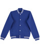 A blue kid's fleece varsity jacket with white striped cuffs and waistband, featuring a logo.