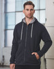Men's full zip fleece hoodie in black with grey contrast hood. Features pockets and a logo on the chest.