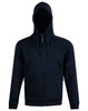 A men's full zip hoodie in black fleece with a hood and front zipper. Features a logo on the chest.