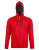 A red full zip contrast fleece hoodie with a hood and pocket details, featuring a logo.