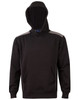A black hoodie featuring a kangaroo pocket and contrast detailing, complete with a hood and a logo.