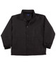 A black varsity jacket featuring a button-up front, side pockets, and elastic cuffs. Includes a logo.