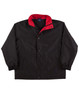 A black varsity jacket with a red collar, featuring a front snap closure and elasticated cuffs.