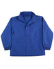 A blue varsity jacket with a collared neck, snap closures, and side pockets. It features elastic cuffs and a logo.
