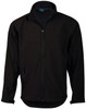 A black softshell jacket with a zip front, two side pockets, and a collar. It features a logo on the chest.