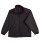 A black track jacket with red accents and a zip closure, featuring a collar and long sleeves. It has a logo.