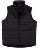 A black nylon rip-stop padded vest featuring a zip front and two front pockets. It has a branding label inside.