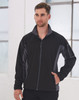 A men's softshell jacket in black with grey contrast panels, featuring a zip front and side pockets.