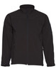 A black softshell jacket with a zippered front and side pockets, featuring a logo on the arm.