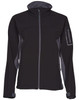 A black and grey softshell jacket with a zippered front, featuring a logo on the sleeve and a high collar.