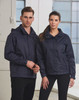 A navy blue versatile jacket worn by a man and a woman, featuring a hood and a branding logo.