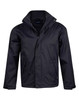 A versatile black jacket with a zip front, pockets, and a stand-up collar. Features a logo on the front.