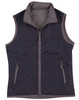 A dark grey versatile vest with a high collar and two zippered pockets. It features a logo on the chest.