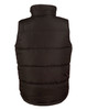 A heavy quilted vest in black, featuring a high collar and a simple design, with a logo on the back.