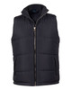 A heavy quilted vest in black with a zip front and side pockets. It features a logo on the inside.
