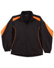 A black track jacket featuring orange accents, with a zip front and elasticated cuffs. It has a logo on the chest.