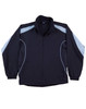 A black track jacket with light blue accents and a logo on the chest. Features a zip front and elastic cuffs.