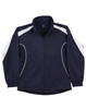 A navy and white adults warm-up jacket featuring a zip front and elastic cuffs, with a logo on the chest.