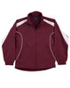 A maroon track jacket with white stripes and a logo, featuring a zip front and elastic cuffs.