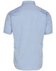A light blue men's short sleeve chambray shirt with a casual button-up design and a back view. Features a logo.