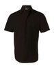A short-sleeved men's button-up shirt in black with a neat collar and a logo on the chest.