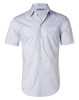 Light blue short-sleeve button-up shirt with a single chest pocket and collar, featuring a logo.