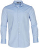 A light blue men's button-up shirt with long sleeves and a single chest pocket. It features a logo on the collar.