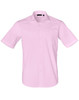 A pink short-sleeved button-up shirt with a pocket and a logo on the collar.