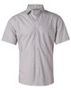 A short-sleeved men's button-up shirt in fine grey stripes with a single chest pocket and a logo on the collar.