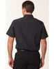 A short sleeve men's button-up shirt in black featuring a pinstripe pattern, with a collar and a logo.