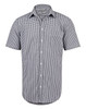 A short-sleeve men's button-up shirt with a black and white gingham check pattern. The shirt features a collar and front buttons.