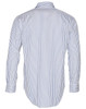A men's long sleeve shirt in white with blue stripes, featuring a button-up design and a logo on the back.