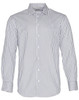 A long-sleeve button-up shirt with a sateen stripe pattern in white and navy blue, featuring a single chest pocket and collar.