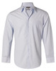 A light blue long-sleeve button-up shirt with a single chest pocket and a branded label.