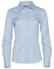 A light blue women's long-sleeve button-up shirt with a collar and button front, featuring branding.