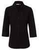 A black women's cotton/poly stretch 3/4 sleeve button-up shirt featuring a classic collar and a logo.