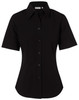 A black women's short-sleeve button-up shirt with a fitted design and a collar. It features a branded tag.