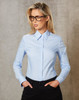 A light blue women's fine twill long sleeve button-up shirt, featuring a collar and long sleeves.
