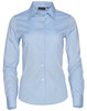 A light blue women's CVC Oxford long-sleeve shirt with a button-up front and a collar, featuring a logo.
