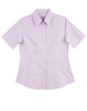 A light purple women's button-up shirt with short sleeves and a collar, featuring a logo.