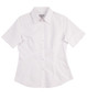 A white women's short-sleeve button-up Oxford shirt. It features a fitted design and includes a logo.