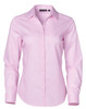 A pink long-sleeve button-up shirt with a dobby striped pattern and a branding label at the collar.