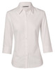 A white women's button-up shirt with a mini herringbone pattern and 3/4 sleeves. Features a collar and buttons down the front.