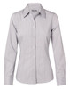 A long-sleeve women's button-up shirt in grey with white ticking stripes and a collared neckline. It features a logo.