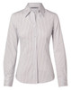 A women's long sleeve button-up shirt with a white and blue ticking stripe pattern. Features a classic collar and branding.