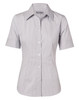 A short-sleeved button-up shirt featuring a grey and white ticking stripe pattern. It has a classic collar and a fitted silhouette.